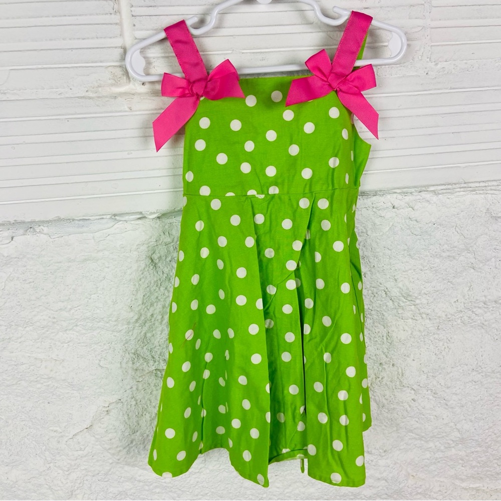 Bonnie Jean Green cotton polkadot Dress with Pink bow Accents size 2T